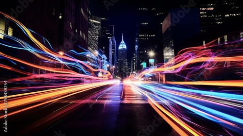 Night city streets with abstract neon lights drawing photography, artistic, dramatic, flair.