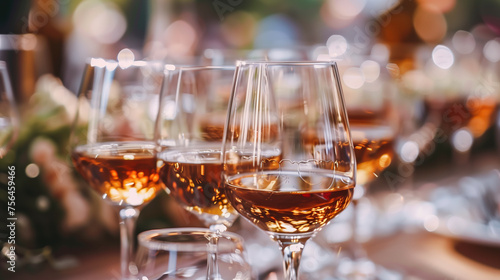 Glasses of cognac or brandy on catering table in restaurant
