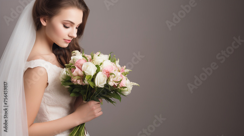 Bride holding bouquet, copy space on isolated background