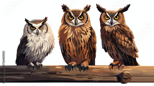 A trio of wise-looking horned owls perched 