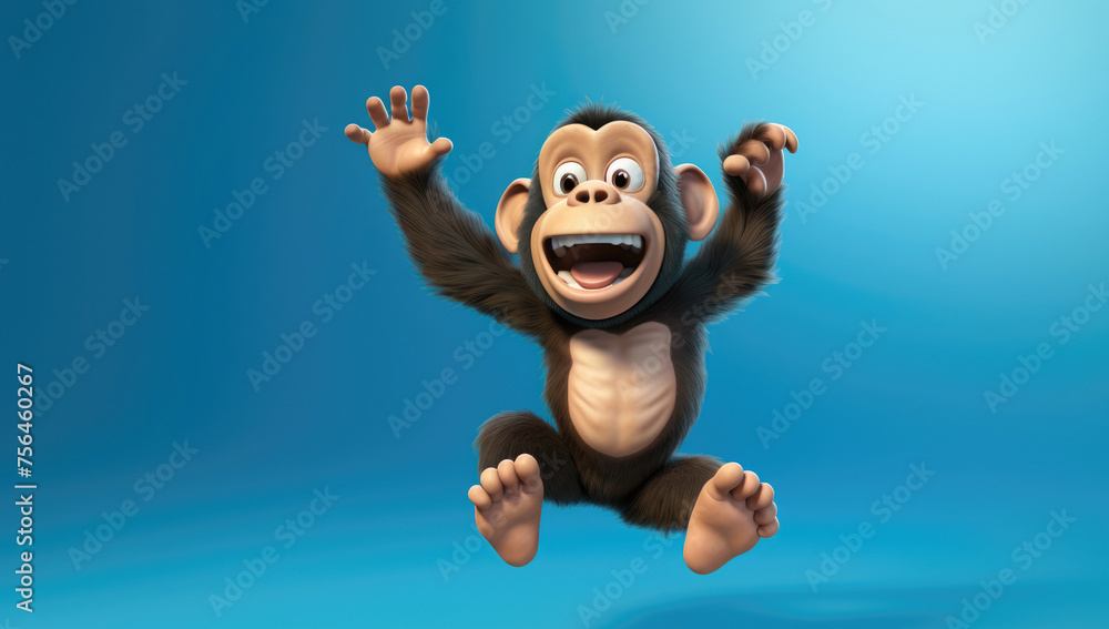 Fototapeta premium Gleeful animated monkey mid-jump with a wide-open mouth and raised hands, against a gradient blue background.