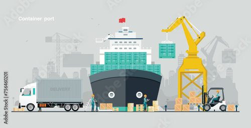 Ships docked at the container port with the city in the background.