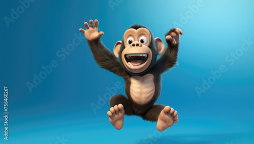 Gleeful animated monkey mid-jump with a wide-open mouth and raised hands, against a gradient blue background.