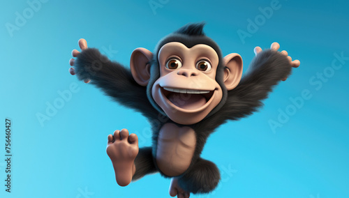 Exuberant animated monkey with a wide grin and outstretched arms, soaring in a clear blue sky.