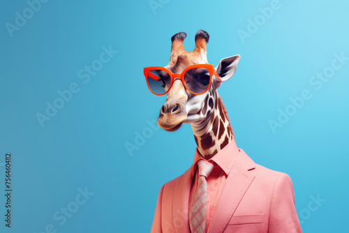 Giraffe in a pink suit and orange sunglasses against a blue background, stylish and whimsical. © Sascha