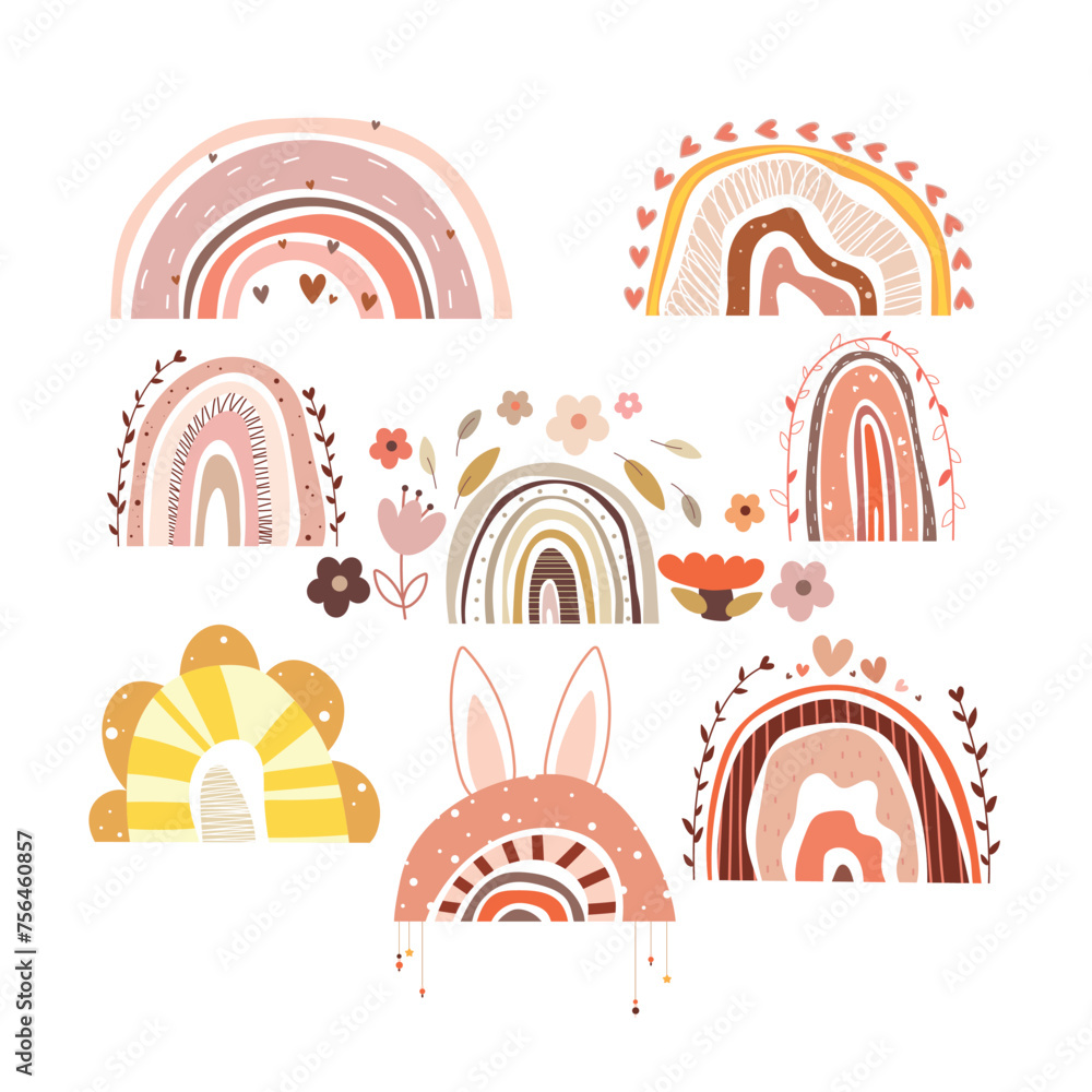 Set with cute pastel rainbows. Vector illustration, kids pattern. Set with cute pastel rainbows. Vector illustration, kids pattern.