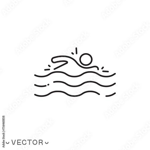swimmer icon, swim in pool, swimming, thin line symbol isolated on white background, editable stroke eps 10 vector illustration