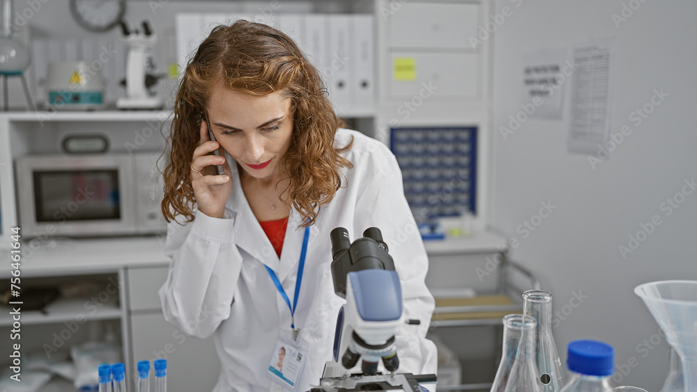 Engrossed young female scientist deep in research amidst test tubes, using microscope, talking business on smartphone in high-tech lab Engrossed young female scientist deep in research amidst test tubes, using microscope, talking business on smartphone in high-tech lab