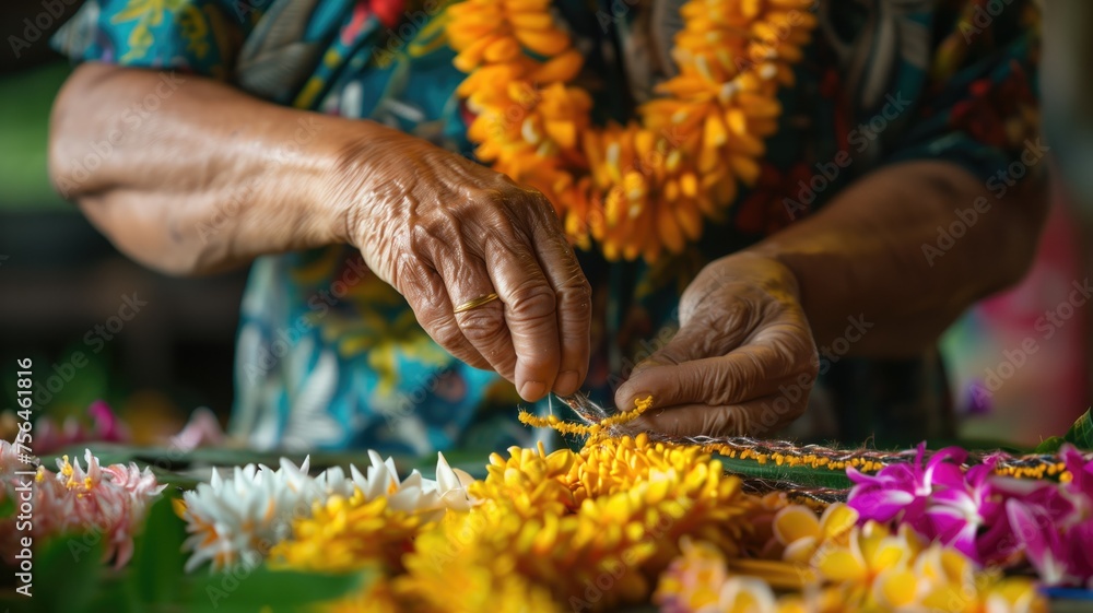 Close-up of elderly woman's hands crafting traditional flower garlands Close-up of elderly woman's hands crafting traditional flower garlands