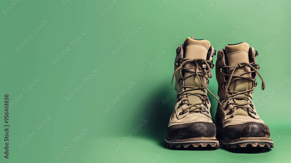 Sturdy hiking boots on a vivid green background