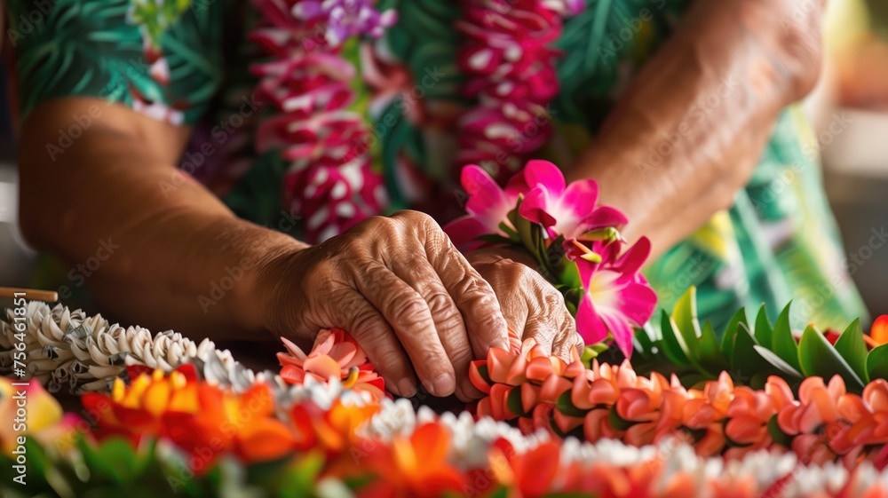 Close-up of hands making a lei with vibrant flowers Close-up of hands making a lei with vibrant flowers