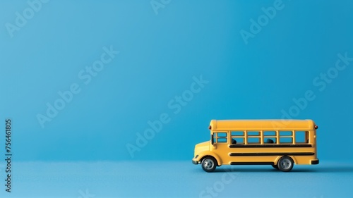 Toy school bus on a bright blue background