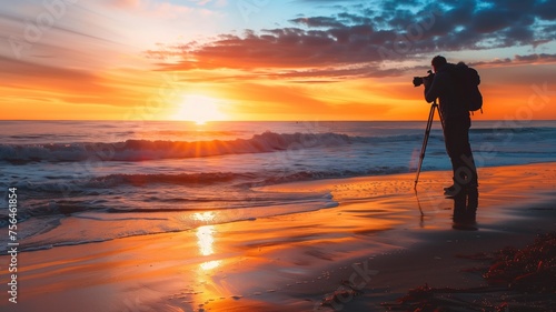 Photographer capturing sunset at the beach © Татьяна Макарова