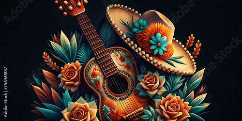 Traditional mexican sombrero and guitar with flowers on dark background for festive dia de los muertos and festival cinco de mayo Mexico. Day of the dead or all saints day