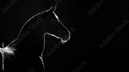 Silhouette of a majestic horse profile outlined against a dark backdrop