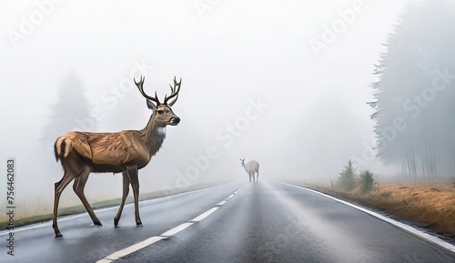 Deer standing on the road near the forest on a misty, foggy morning. Road hazards, wildlife and transport