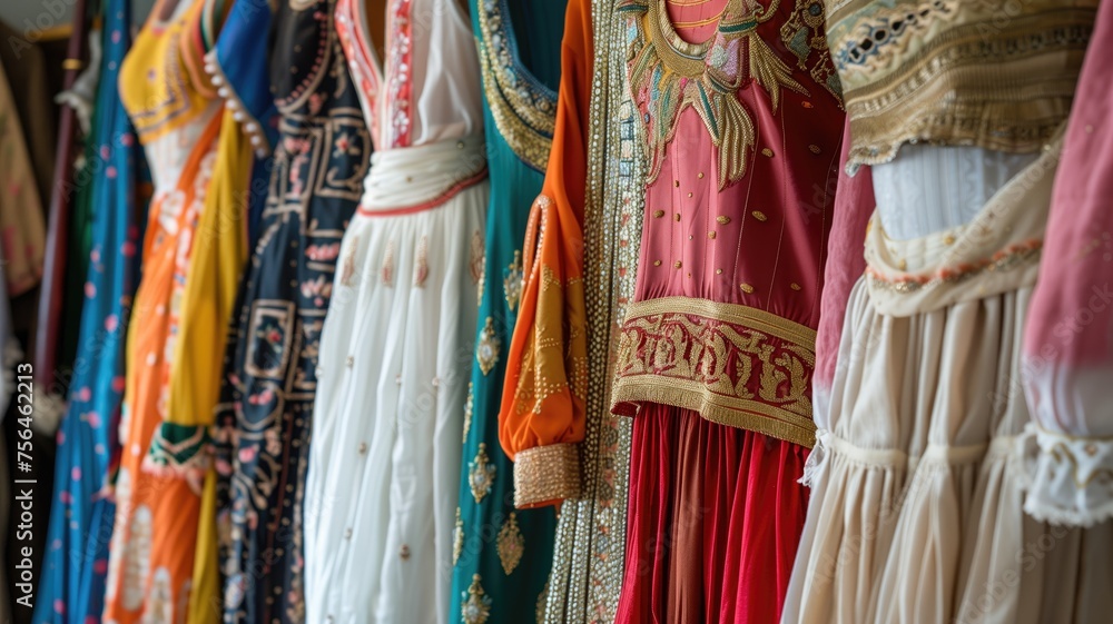 Display of colorful traditional dresses hanging in a row
