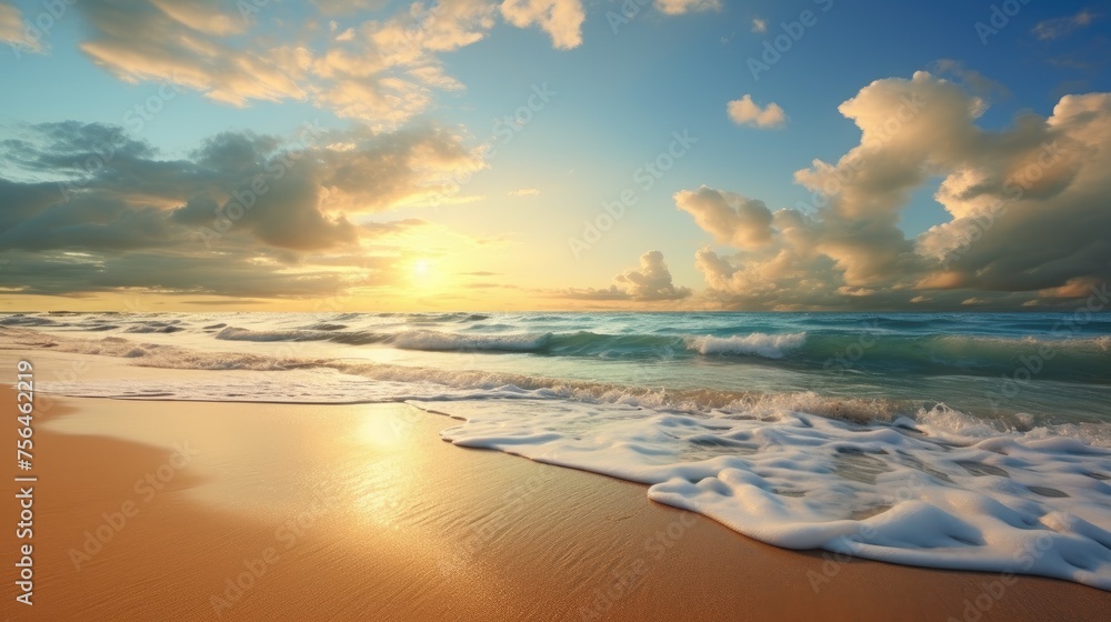 A bright sunny day. A panorama of a beautiful beach with white sand and turquoise water. Summer beach holiday background. A sea wave on a sandy beach.