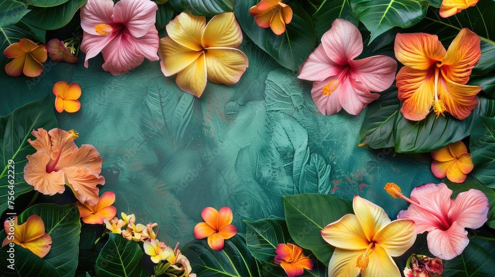 A variety of tropical flowers spread on a textured green background, full of life