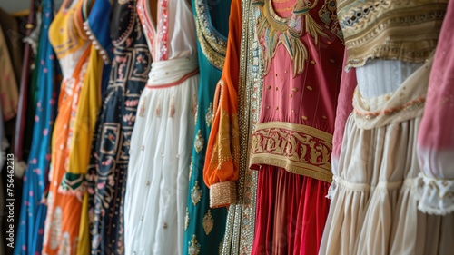 Display of colorful traditional dresses hanging in a row © Татьяна Макарова