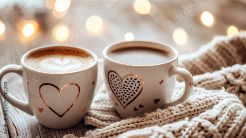 Two coffee cups with heart designs snuggled in a warm knit blanket