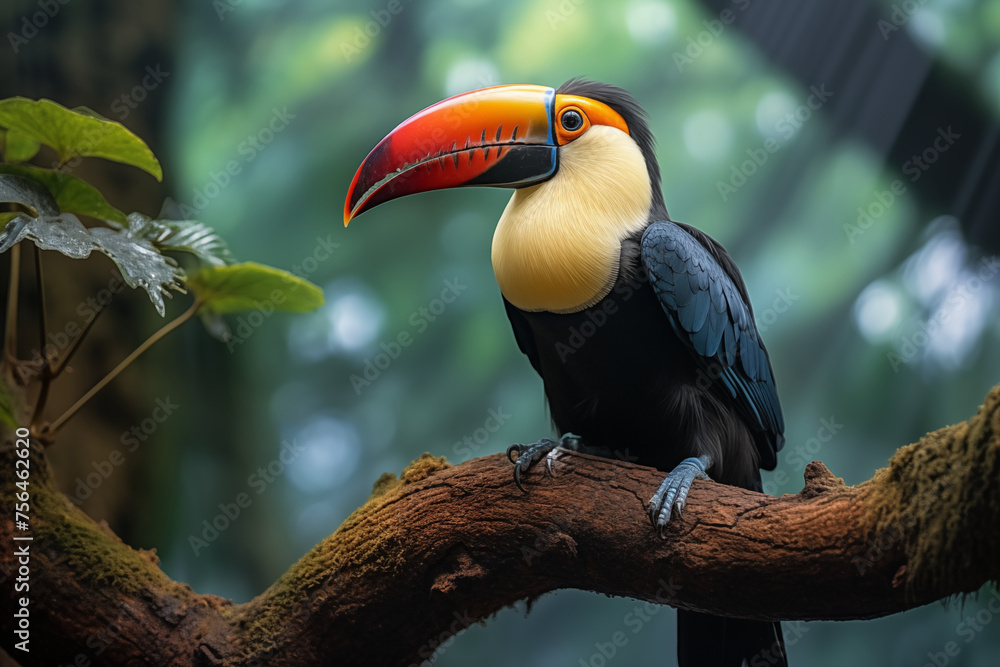 oiseau tropical, Toucan à carène, toucan arc-en-ciel, posé sur une branche de trois-quarts, en pleine forêt tropical en Amérique du Sud. Animal emblème du Bélize.  - obrazy, fototapety, plakaty 