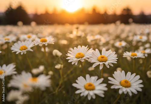 Flowers daisies in summer spring meadow on background blue sky with white clouds  flying orange butterfly  wide format. Summer natural idyllic pastoral landscape  AI Generated