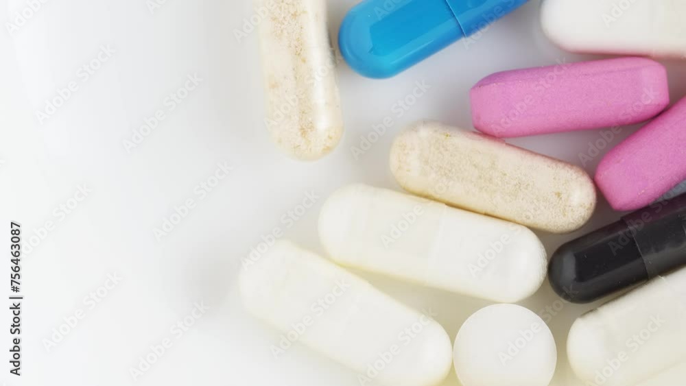 Different pills and vitamins falling on white background. Medical concept, healthy lifestyle. Different pills and vitamins falling on white background. Medical concept, healthy lifestyle.