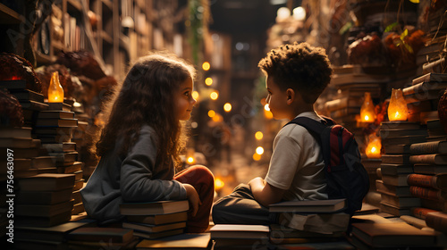 children sitting in a bookstore  looking at shelves filled with books  and talking about the books
