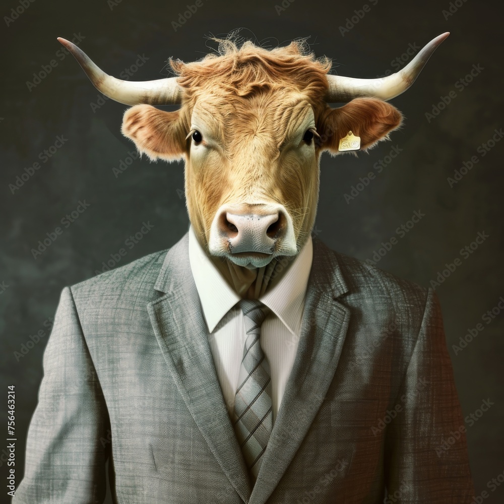 Cow in a Business Suit, Animal Businessman, Funny Bull Boss, Generative AI Illustration Cow in a Business Suit, Animal Businessman, Funny Bull Boss, Generative AI Illustration