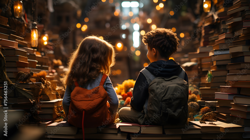 children sitting in a bookstore, looking at shelves filled with books, and talking about the books