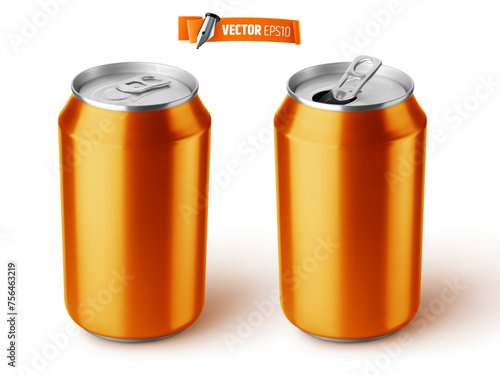 Vector realistic illustration of orange soda cans on a white background.