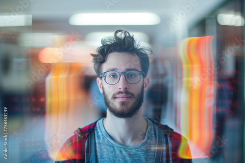 Portrait of a student thinking about his future. Blurred background, long exposure, bokeh. Created with Generative AI technology.
