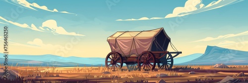 American Pioneers Wagon with Tent, Old Wooden Emigrant Carriage, Wild West Cart Flat