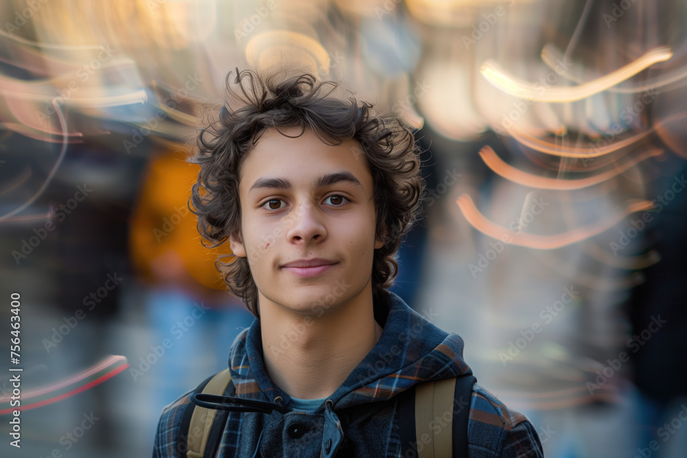 Portrait of a student thinking about his future. Blurred background, long exposure, bokeh. Created with Generative AI technology.