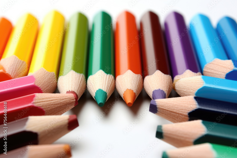 Vibrant colored pencils in a close-up view, emphasizing their sharp tips and varied hues. Perfect for showcasing creativity, art supplies, and educational tools. Invites inspiration and design. Vibrant colored pencils in a close-up view, emphasizing their sharp tips and varied hues. Perfect for showcasing creativity, art supplies, and educational tools. Invites inspiration and design.