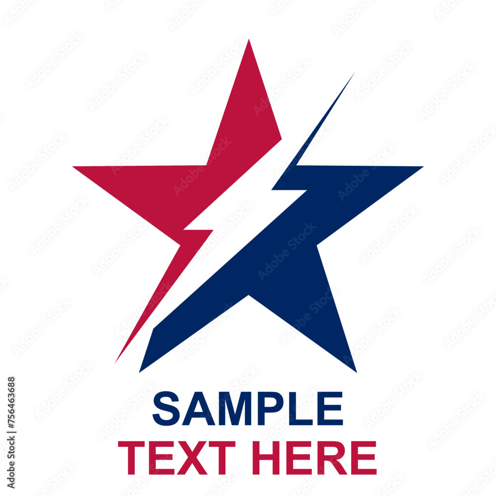 Patriotic logo in American style. Lightning and star, divided into two parts, red and blue. Symbol of the Republican and Democratic parties United States of America. Vector patriotic logotype. Patriotic logo in American style. Lightning and star, divided into two parts, red and blue. Symbol of the Republican and Democratic parties United States of America. Vector patriotic logotype.