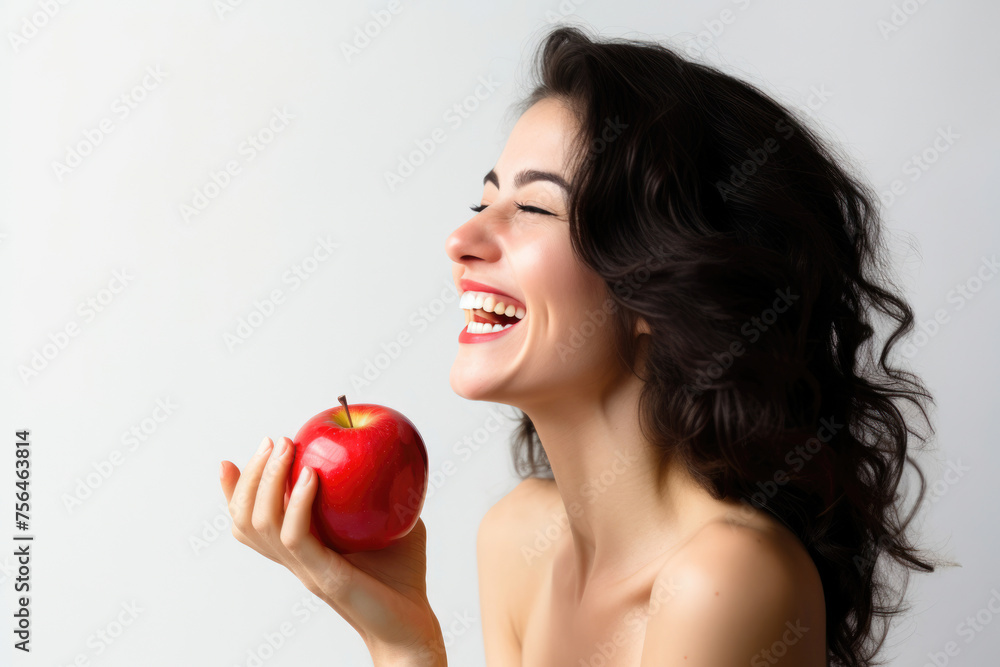 Joyful person with a radiant smile holding a red apple, symbolizing health and happiness on a clean white background, with dark wavy hair flowing. Joyful person with a radiant smile holding a red apple, symbolizing health and happiness on a clean white background, with dark wavy hair flowing.