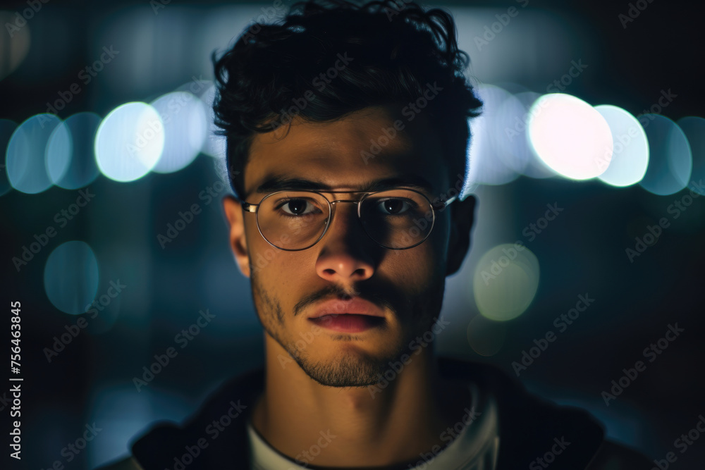 Pensive young man with glasses, night lights creating a bokeh effect behind him.