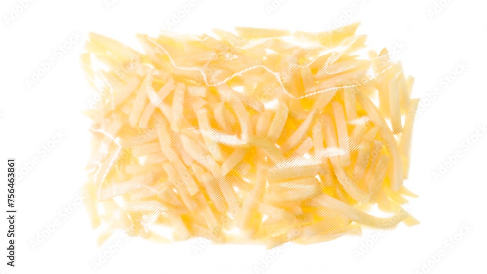 Packaging and Freezing French Fries. French fries are vacuum packed and rapidly cooled by an ice jet, creating a white steam effect on a white background Packaging and Freezing French Fries. French fries are vacuum packed and rapidly cooled by an ice jet, creating a white steam effect on a white background