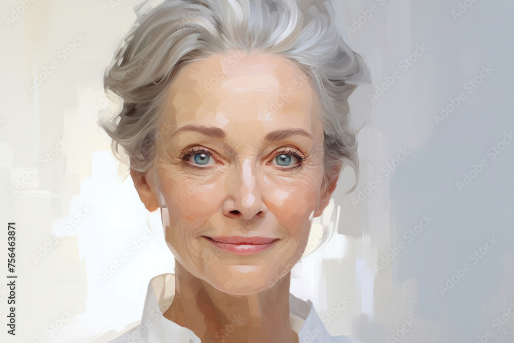 Radiant close-up of a woman with silver hair and blue eyes, giving a soft smile, in a white shirt, with a minimalist brushstroke background conveying clarity and simplicity.