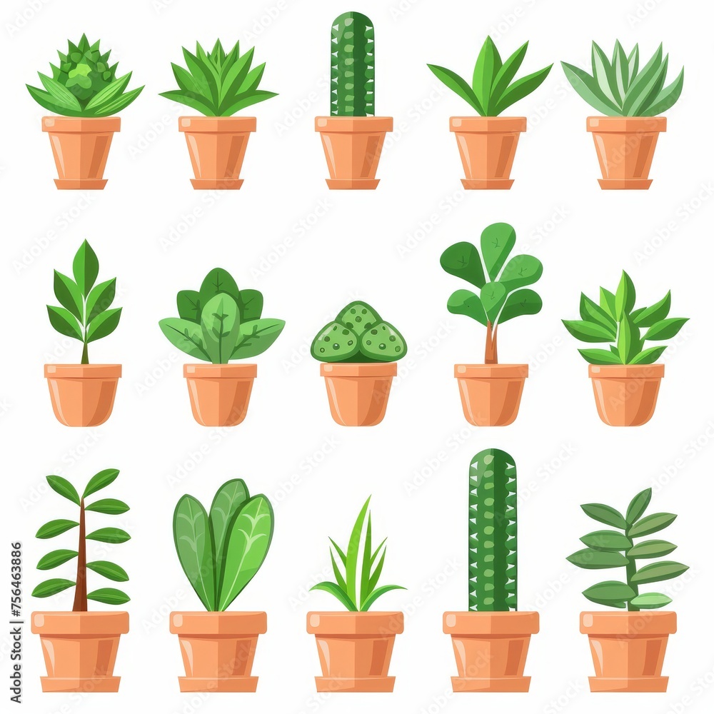 Fototapeta premium Jade plant (Crassula ovata) Pot Plant Icon Set, Crassula ovata Plant Flat Design, Jade plant Symbols