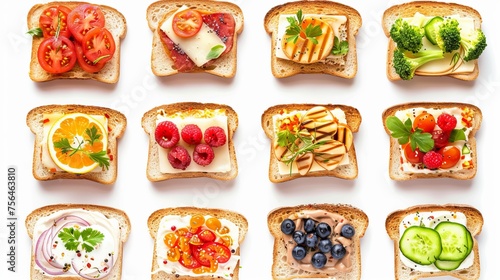 A collection featuring toast bread and various toppings arranged on a white background, captured from a top-down perspective.