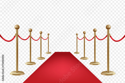 Red carpet and golden barriers. Barrier Rope Luxury Vip Concept. Vector illustration EPS10