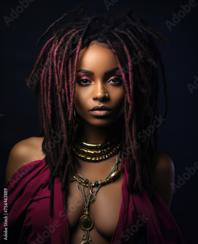Mysterious portrait of a woman with black and red dreadlocks, intense makeup, and statement gold jewelry, set against a dark backdrop.
