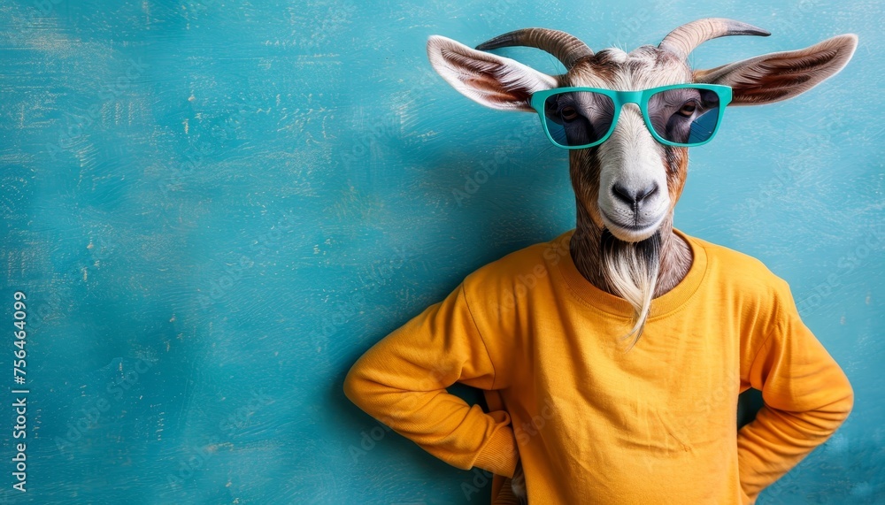 Goofy goat sporting trendy sunglasses against pastel backdrop with ample room for text placement - obrazy, fototapety, plakaty 