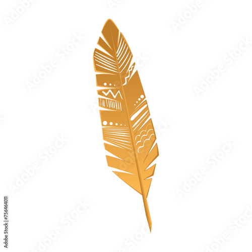Gold feather of bird with decorative ornament on smooth golden gradient surface vector illustration