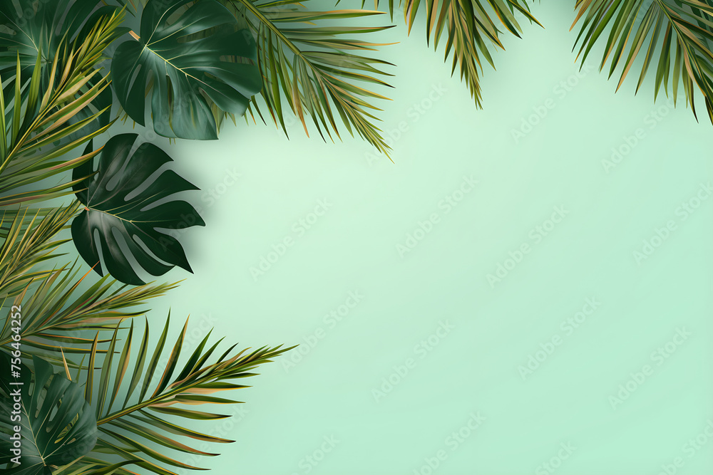 Frame of palm leaves on a green background. Design template for advertising, summer cards, invitations, posters with place for text
