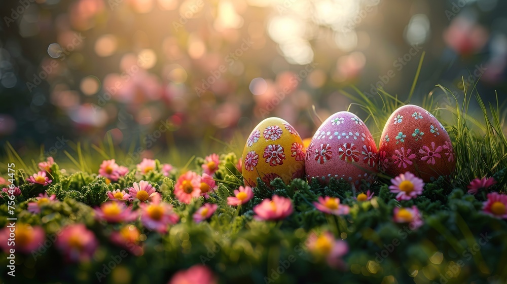 Easter egg hunt in a lush garden, full of life and excitement - obrazy, fototapety, plakaty 
