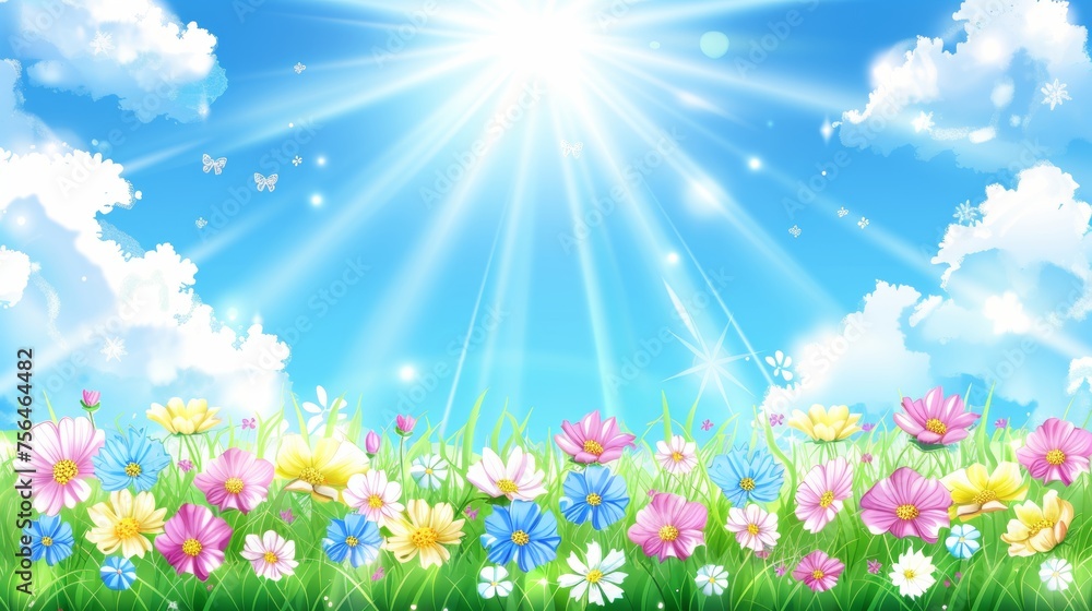 Vibrant spring flower meadow under clear blue sky with blurred background, ideal for text placement